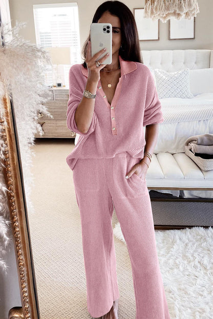 Black Ribbed Henley Shirt and Wide Leg Pants Loungewear Set