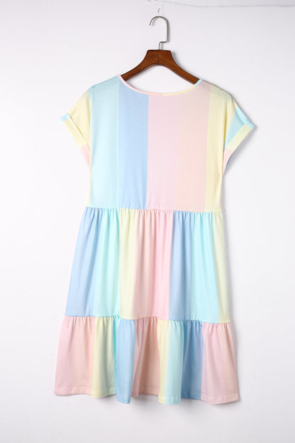 Red Multicolor Striped Color Block Tiered Short Dress