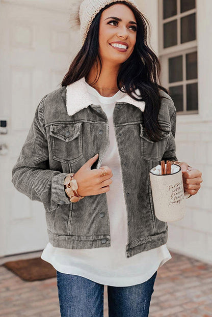 Gray Sherpa Snap Flap Pocket Cropped Corduroy Jacket