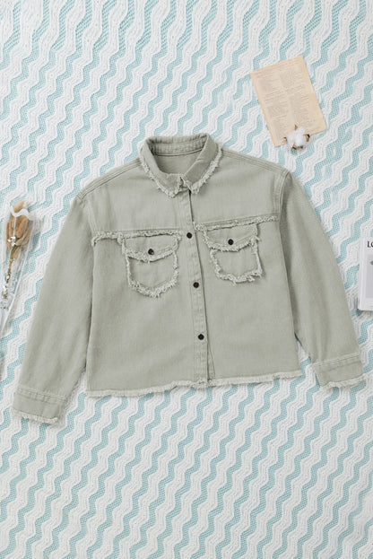 Green Distressed Flap Pockets Frayed Hem Denim Jacket