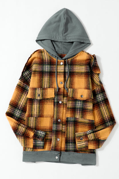 Orange Plaid Patchwork Frayed Trim Snap Button Hooded Jacket