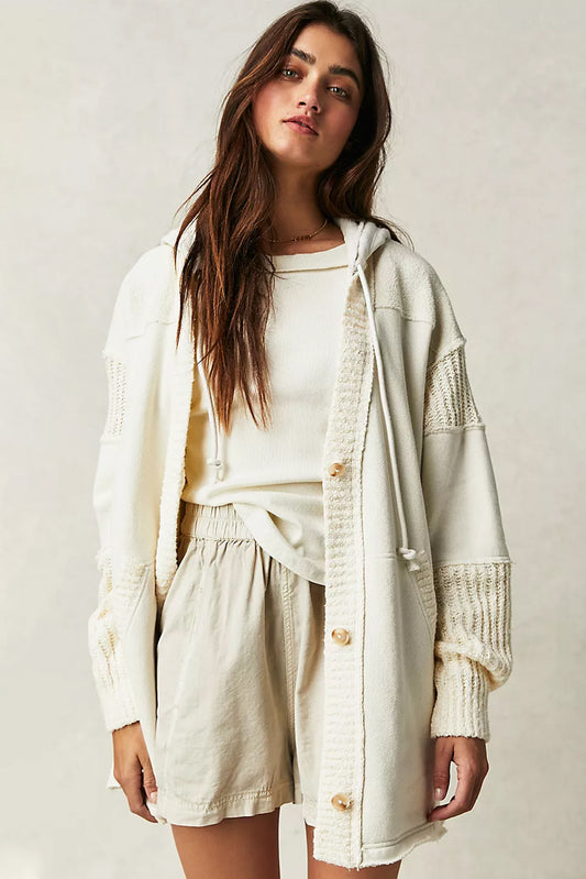 Beige Solid Color Button Down Long Hooded Cardigan