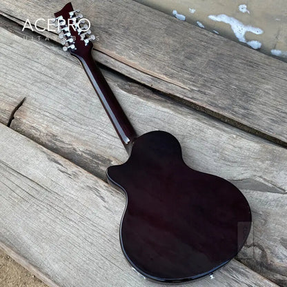 Grote Brown Burst 12 String Electric Guitar, F holes Semi Hollow Body, Abalone Flower Inlays