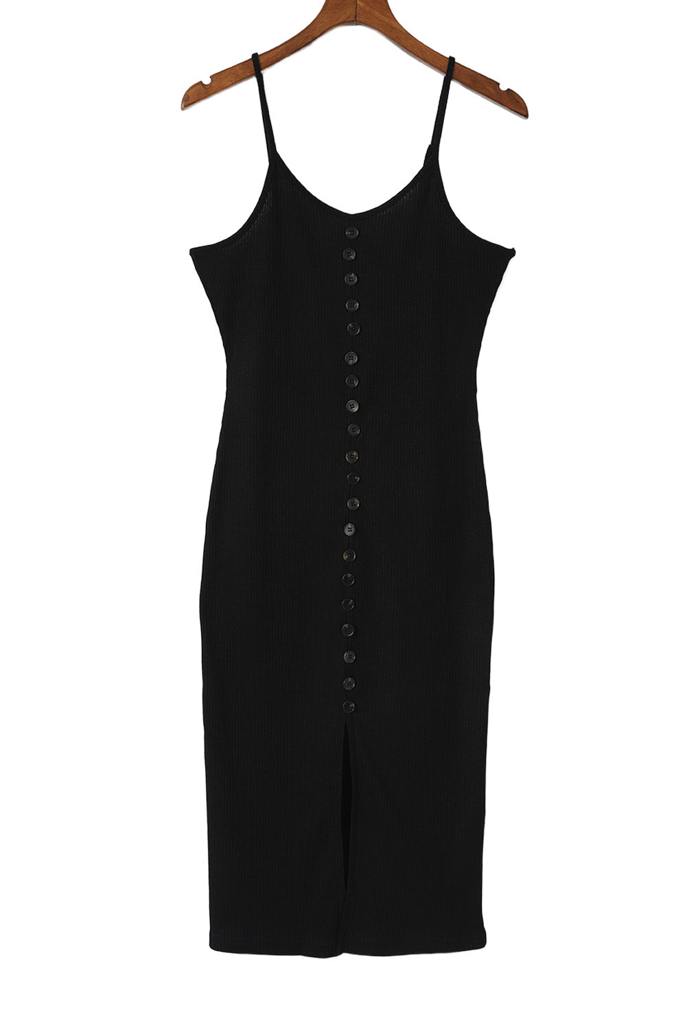 Black Buttoned Ribbed Knit Sleeveless Midi Dress with Slit