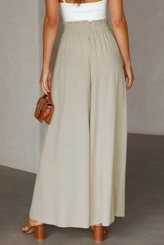Beige Drawstring Smocked High Waist Wide Leg Pants