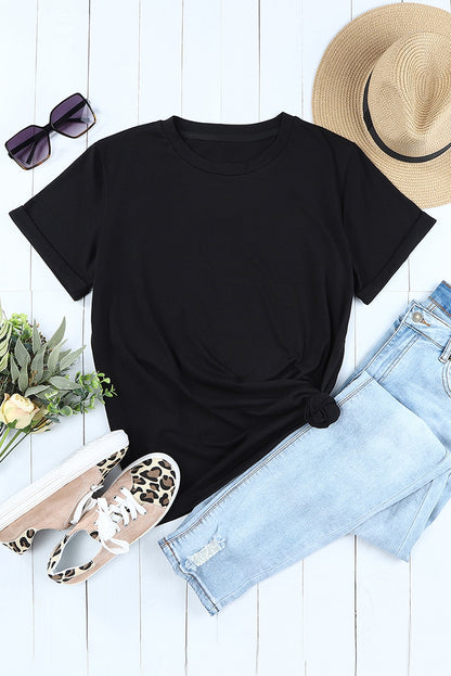 Green Plain Solid Color Crew Neck Tee