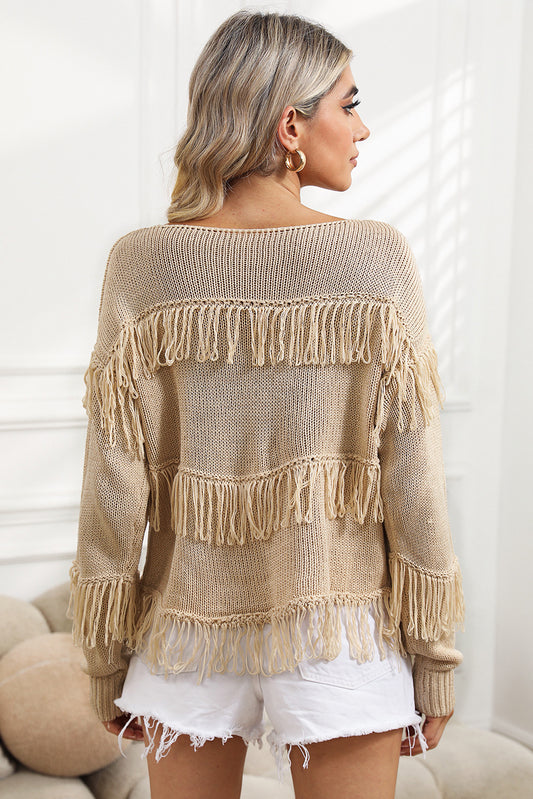 Green Boho Fringe Tasseled Knitted Sweater