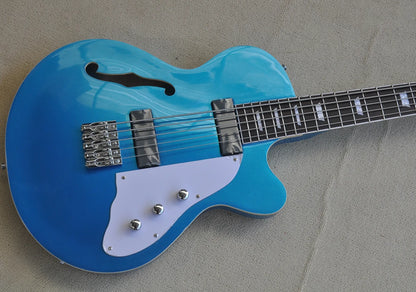 5 Strings Semi Hollow Metal Blue Electric Bass Guitar with Rosewood Fretboard,22 Frets