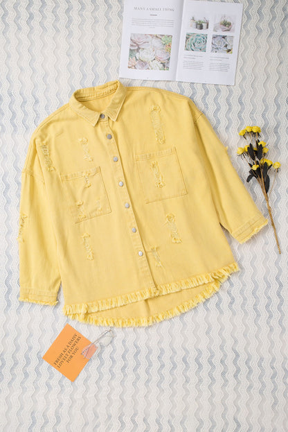 Yellow Distressed Raw Hem Denim Jacket with Chest Pockets