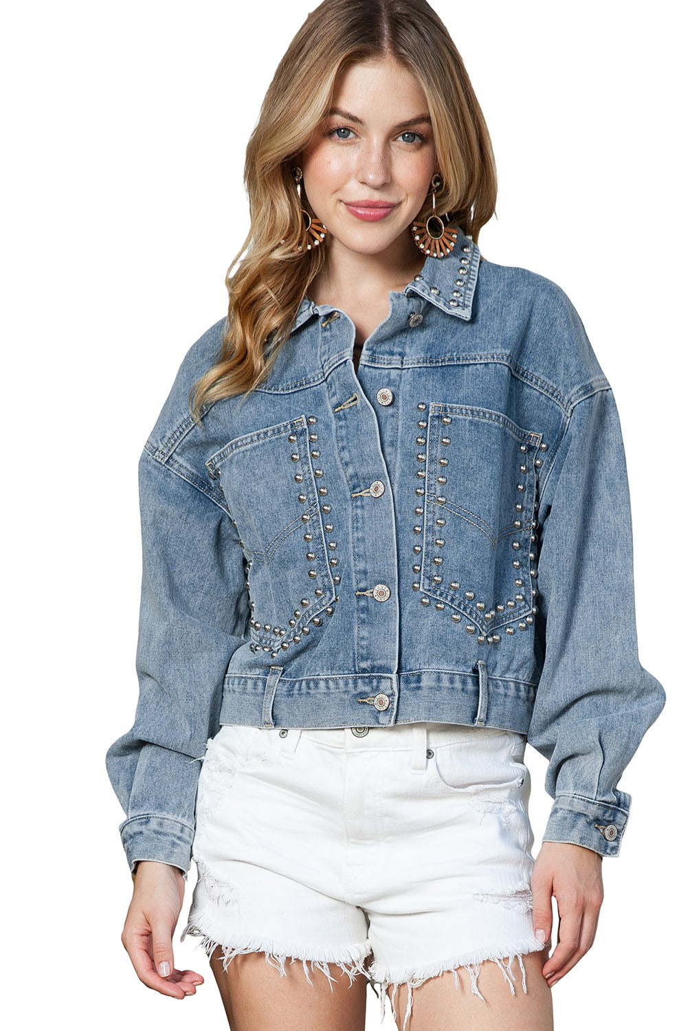 Blue Studded Button Up Light Wash Cropped Denim Jacket