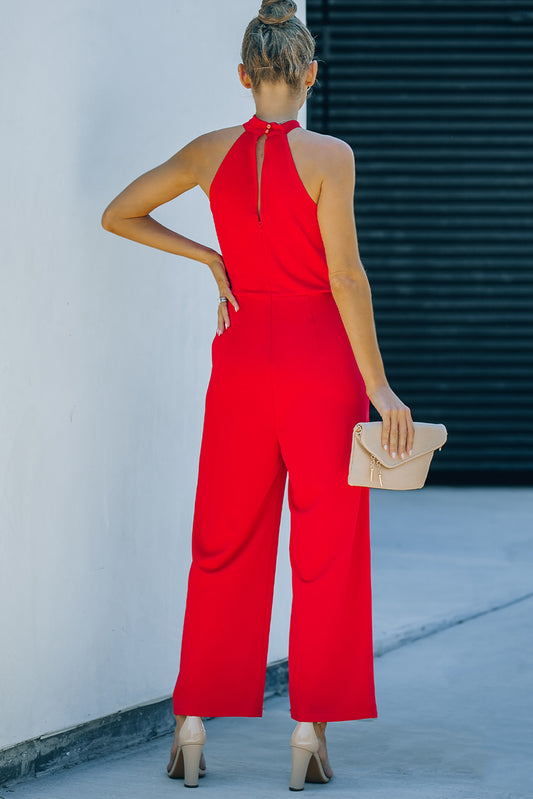 Casual Twist Neck Back Cut Out Sleeveless Red Jumpsuit