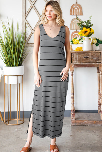 Brown Striped Backless Casual Side Slits Maxi Dress