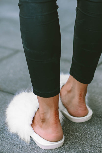 White Fuzzy Round Toe Home Slippers