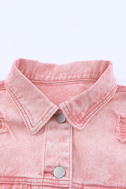 Pink Distressed Ripped Fringe Hem Cropped Denim Jacket