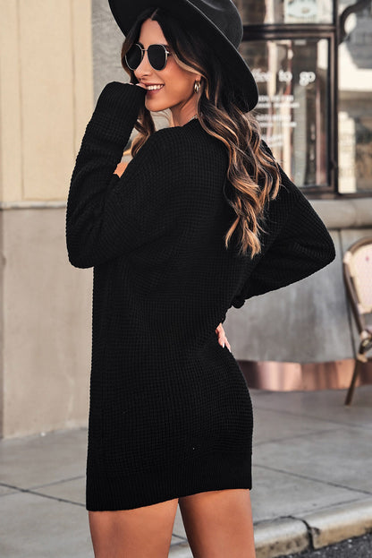 Grey Button Notched Neck Drop Shoulder Waffle Knit Sweater Dress