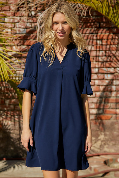 Navy Blue Split V Neck Short Sleeve Tunic Dress