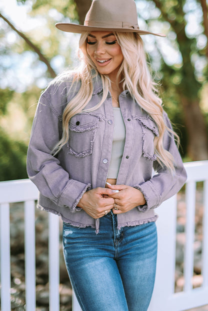 Green Distressed Flap Pockets Frayed Hem Denim Jacket