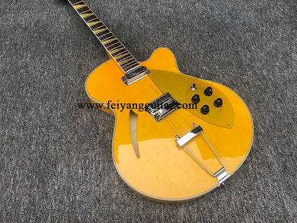 Yellow Hollow Body Electric Guitar with Gold Pickguard