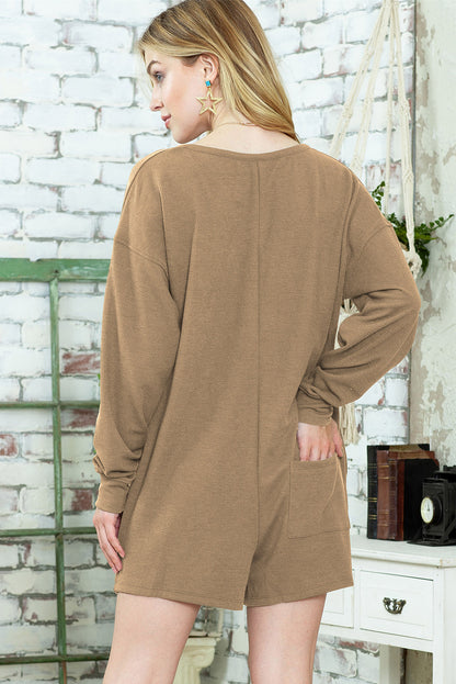 Green Henley V Neck Pocketed Ribbed Romper
