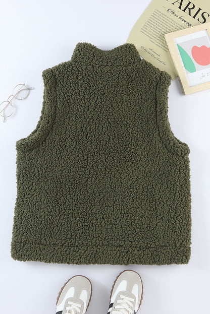 Green Snap Button Collared Stand Neck Sherpa Vest