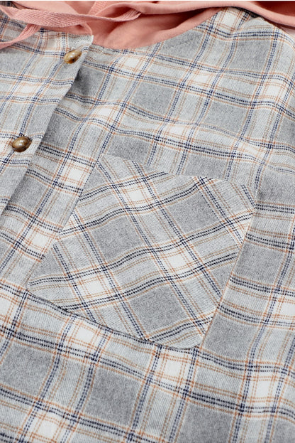 Khaki Drawstring Plaid Hooded Shirt Shacket