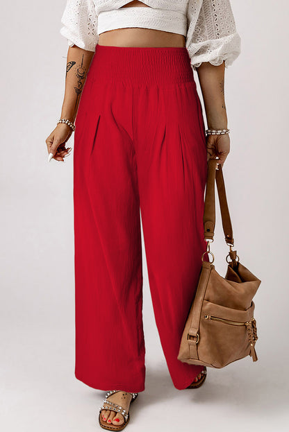 Brown Smocked Wide Waistband High Waist Wide Leg Pants