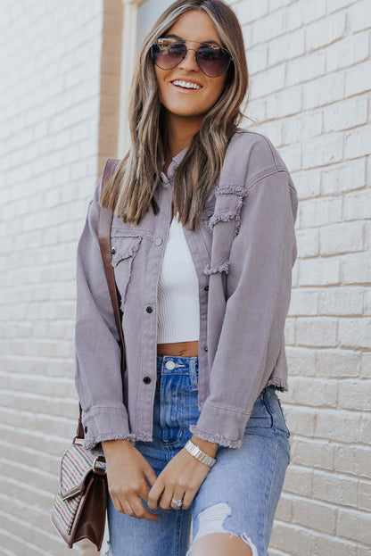 Green Distressed Flap Pockets Frayed Hem Denim Jacket