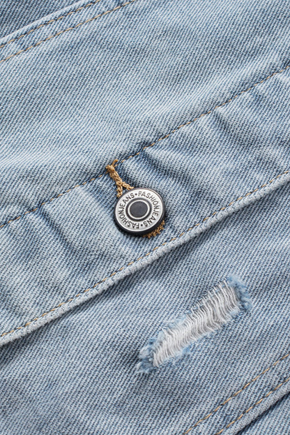 Light Blue Button Up Ripped Hooded Denim Jacket