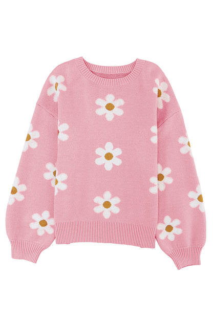 Apricot Floral Pattern Drop Shoulder Pullover Knit Sweater