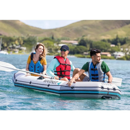 4-Person Inflatable Boat Set with Aluminum Oars and High Output Air Pump for Fishing and Boating in Rivers and Lakes
