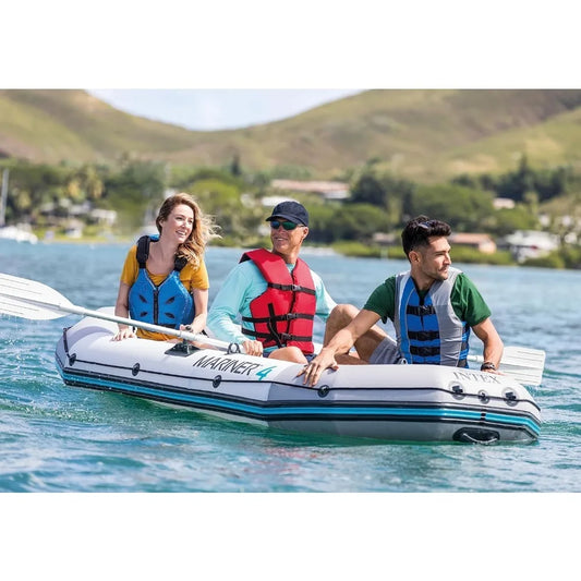 4-Person Inflatable Boat Set with Aluminum Oars and High Output Air Pump for Fishing and Boating in Rivers and Lakes