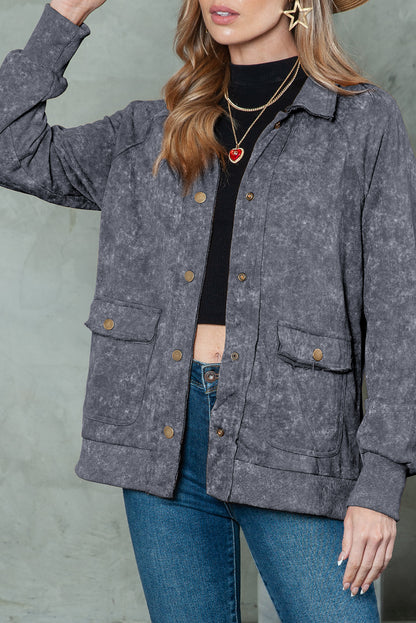 Gray Snap Button Casual Flap Pockets Washed Jacket
