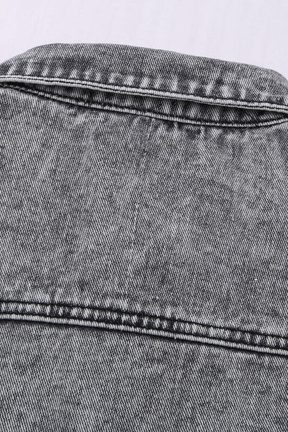 Grey Distressed Buttons Washed Denim Jacket