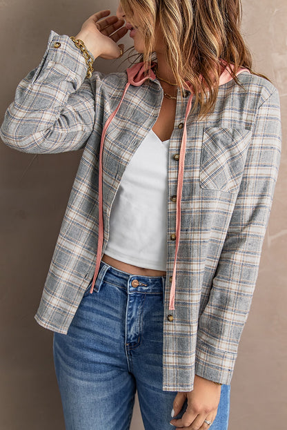 Khaki Drawstring Plaid Hooded Shirt Shacket