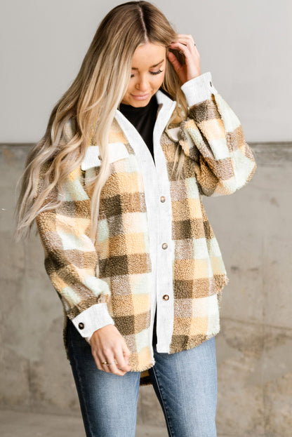 Khaki Plaid Print Sherpa Flap Pocket Shacket
