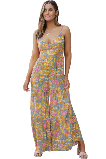 Sky Blue Floral Adjustable Straps Tiered Wide Leg Jumpsuit
