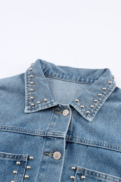 Blue Studded Button Up Light Wash Cropped Denim Jacket