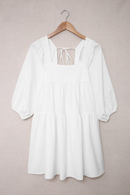 White Square Neck Ruched Casual Short Dress