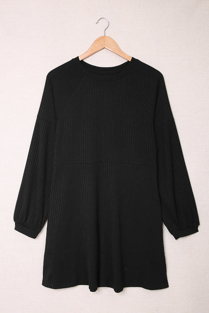 Black Round Neck Empire Waist Ribbed Short Knit Dress
