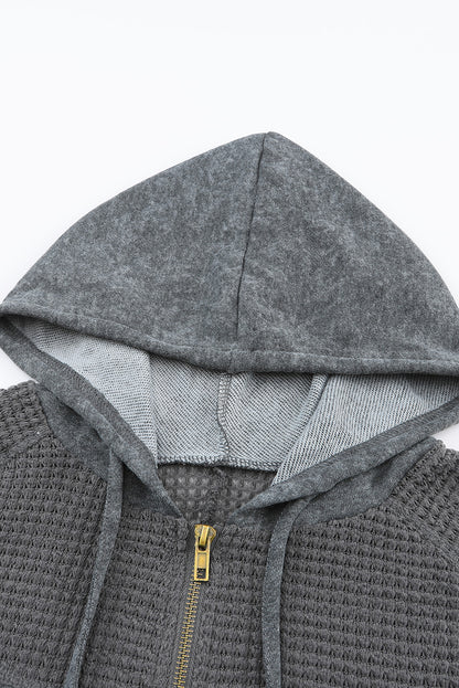 Khaki Dark Washed Patchwork Zip Up Hooded Jacket