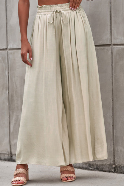Beige Drawstring Smocked High Waist Wide Leg Pants