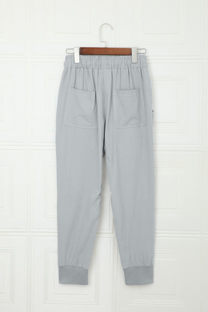Gray Causal Pockets Elastic Waist Drawstring Pants