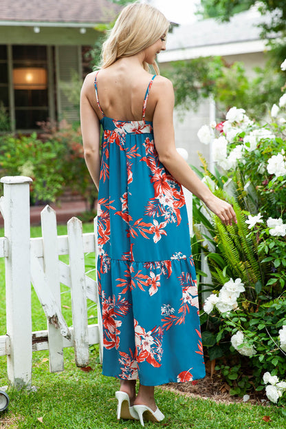 Sky Blue Strappy Open Back Floral Maxi Dress
