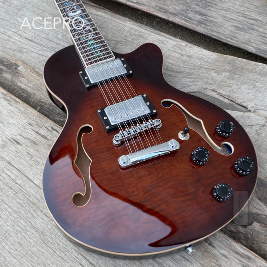 Grote Brown Burst 12 String Electric Guitar, F holes Semi Hollow Body, Abalone Flower Inlays
