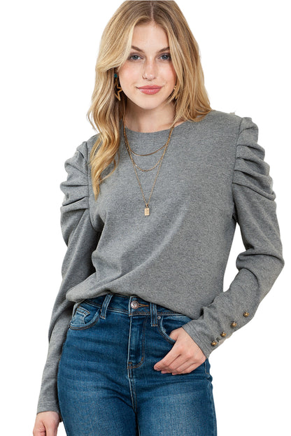 Green Basic Buttoned Puff Long Sleeve Sheath Top