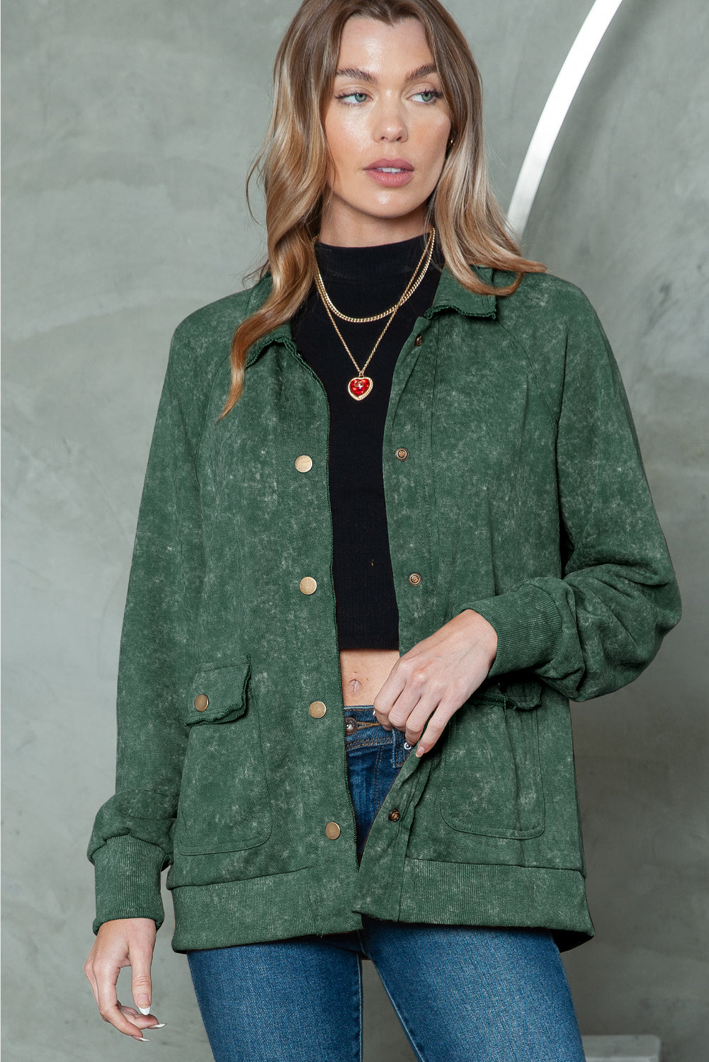 Gray Snap Button Casual Flap Pockets Washed Jacket