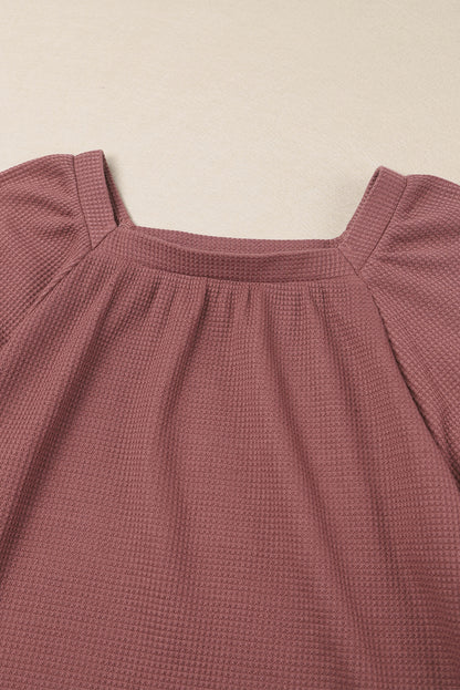 Pink Waffle Texture Casual Square Neck Pullover Top