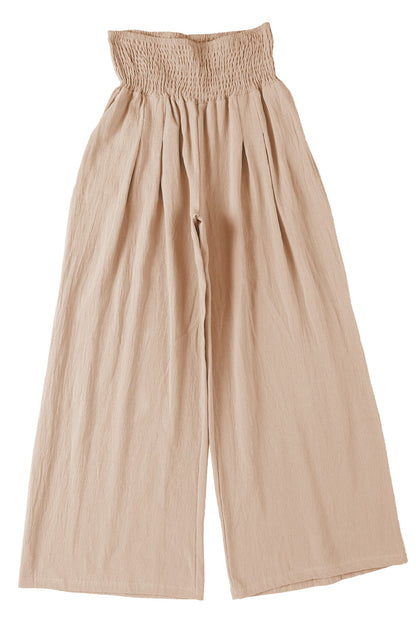 Brown Smocked Wide Waistband High Waist Wide Leg Pants