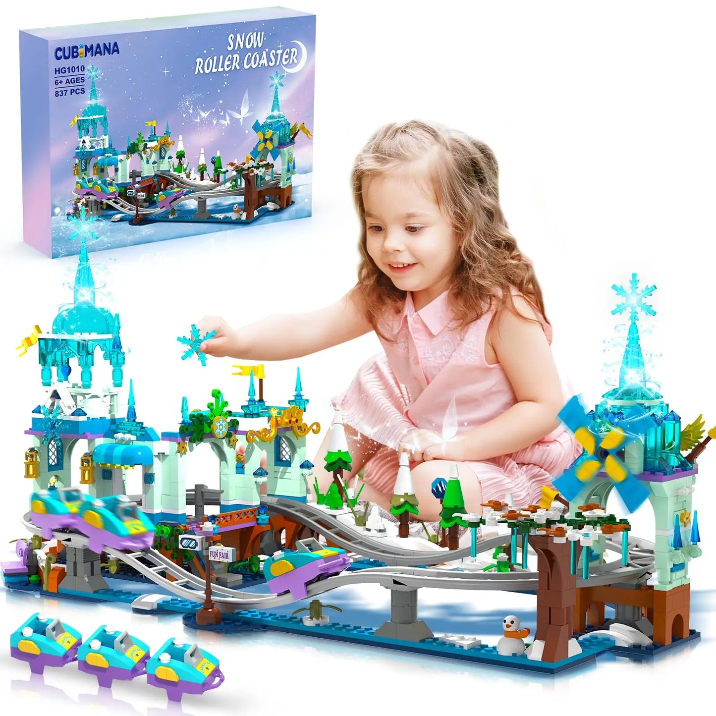 Frozen Roller Coaster Building Set with LED-City Ice Snow Amusement Park Rollercoaster Toy