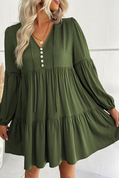 Verdant Bishop Sleeve Tie Front Tiered Pleated Short Dress